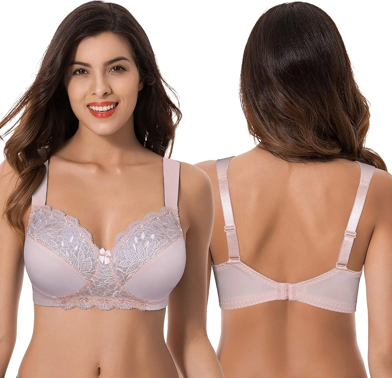 Curve Muse Plus Size Unlined Minimizer Wirefree Bras with Embroidery Lace-3Pack