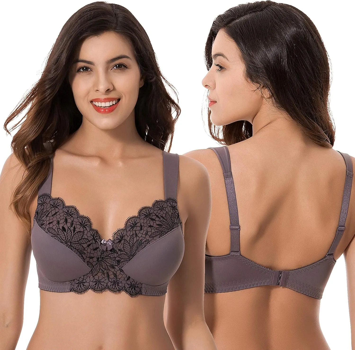Curve Muse Plus Size Unlined Minimizer Wirefree Bras with Embroidery Lace-3Pack