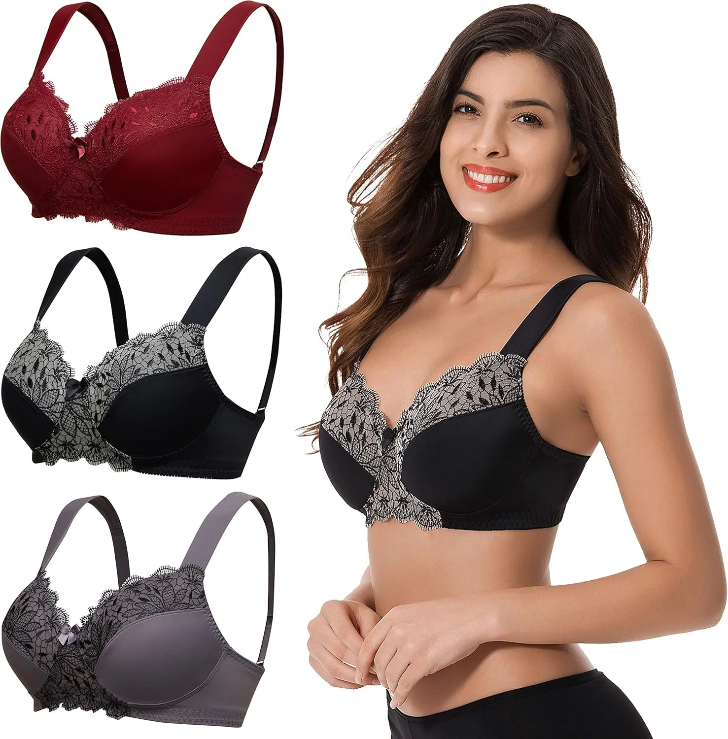 Curve Muse Plus Size Unlined Minimizer Wirefree Bras with Embroidery Lace-3Pack