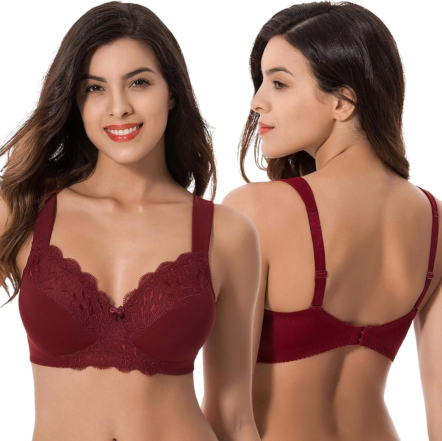 Curve Muse Plus Size Unlined Minimizer Wirefree Bras with Embroidery Lace-3Pack