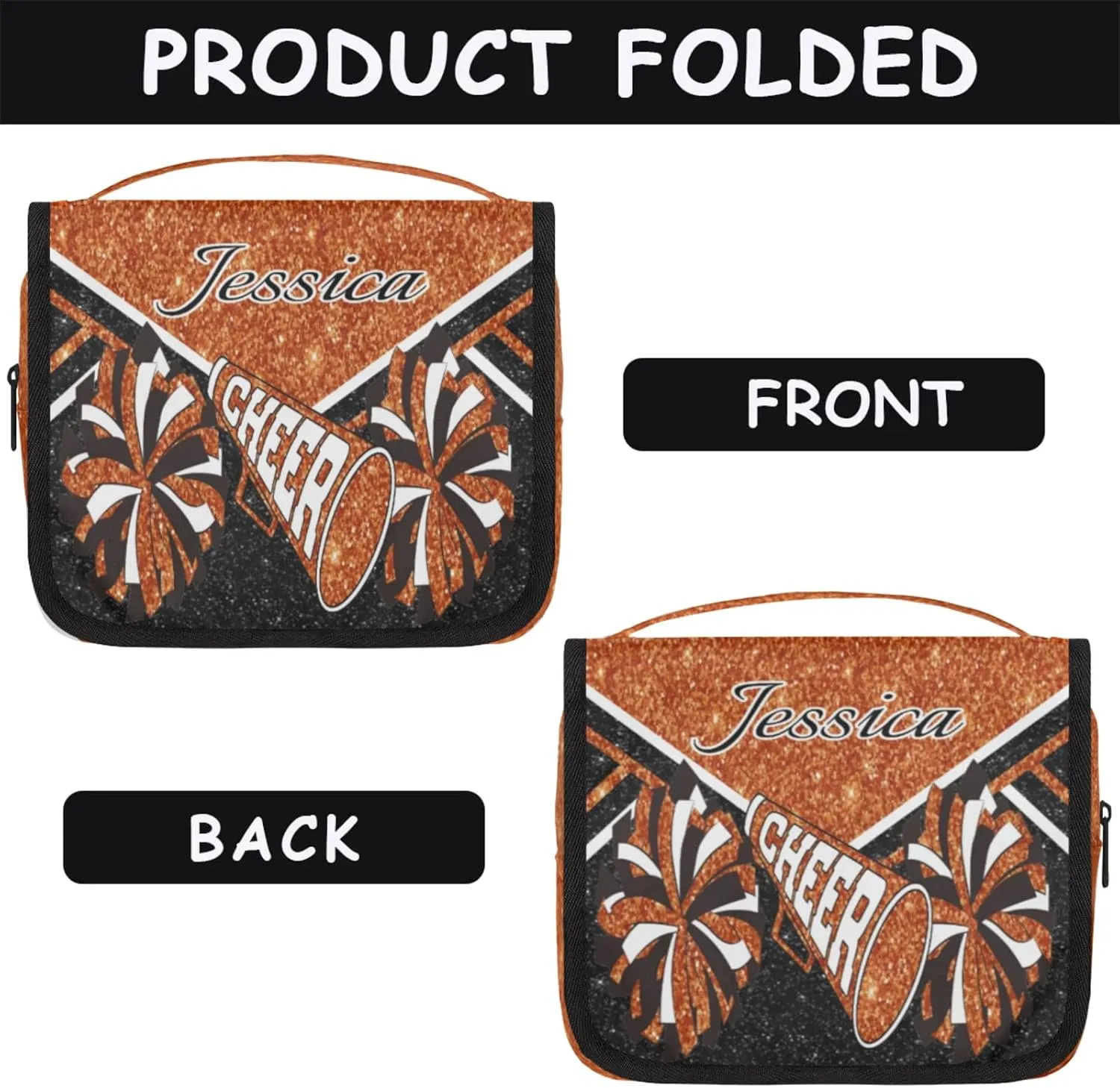 Custom Cheer Toiletry Bag Travel Cosmetic Bag with Hanging Hook Personalized Makeup Bags with Name for Cheerleader, Dark Orange Glitter