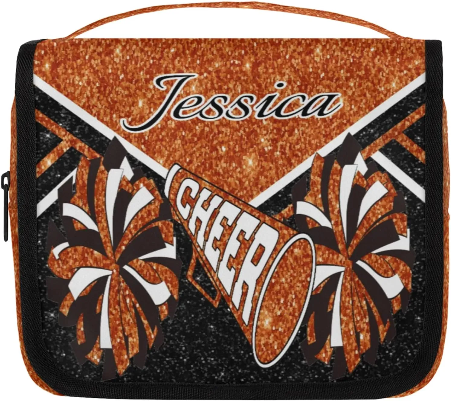 Custom Cheer Toiletry Bag Travel Cosmetic Bag with Hanging Hook Personalized Makeup Bags with Name for Cheerleader, Dark Orange Glitter