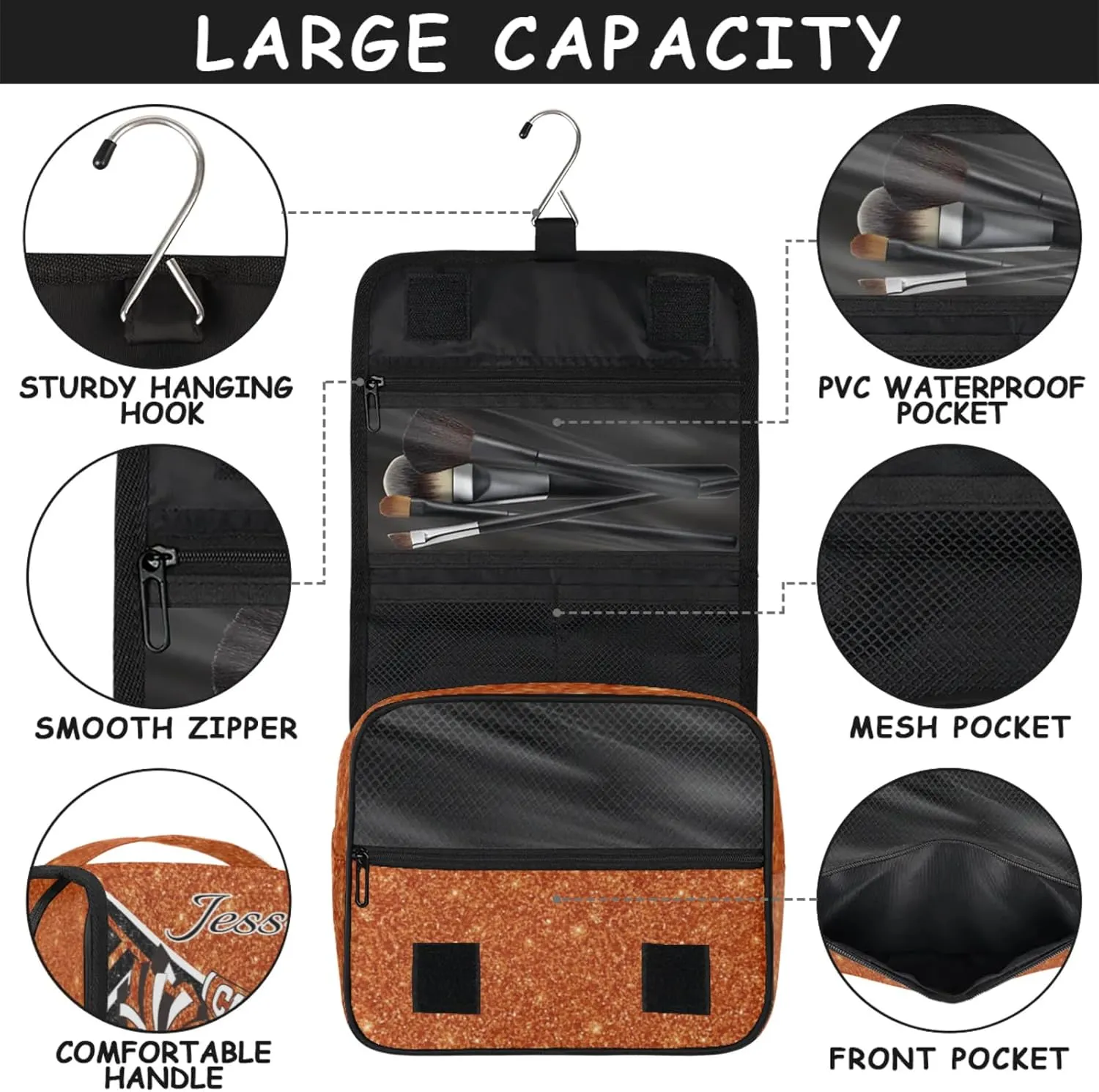 Custom Cheer Toiletry Bag Travel Cosmetic Bag with Hanging Hook Personalized Makeup Bags with Name for Cheerleader, Dark Orange Glitter