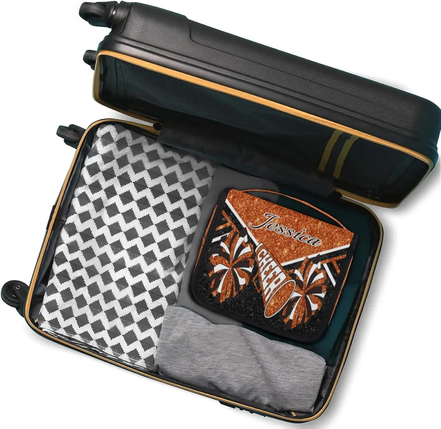 Custom Cheer Toiletry Bag Travel Cosmetic Bag with Hanging Hook Personalized Makeup Bags with Name for Cheerleader, Dark Orange Glitter