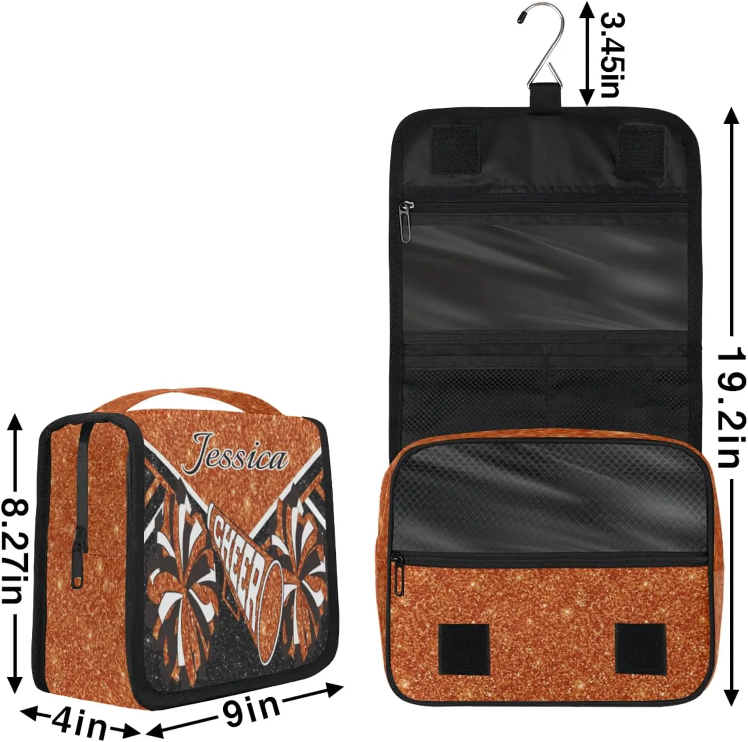 Custom Cheer Toiletry Bag Travel Cosmetic Bag with Hanging Hook Personalized Makeup Bags with Name for Cheerleader, Dark Orange Glitter
