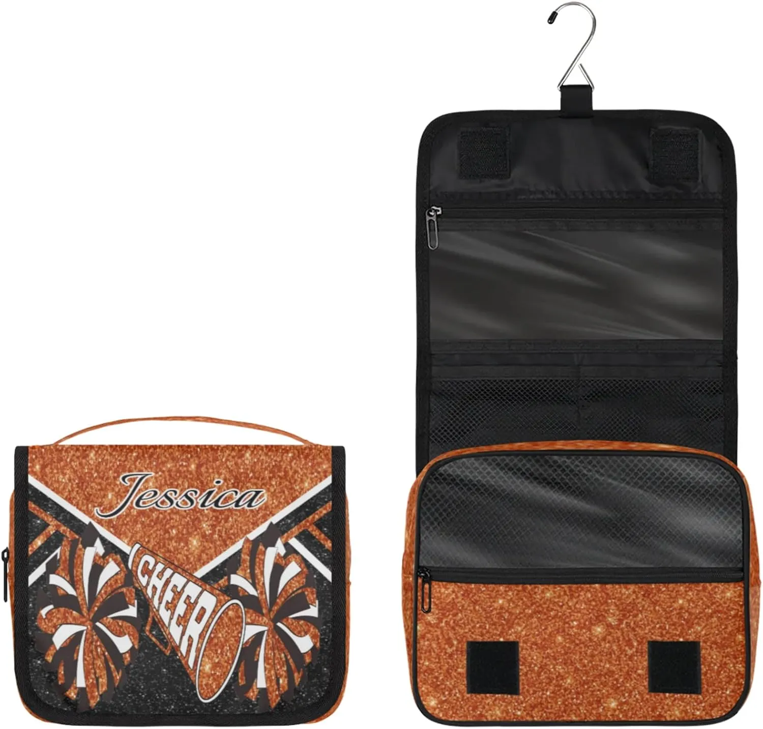 Custom Cheer Toiletry Bag Travel Cosmetic Bag with Hanging Hook Personalized Makeup Bags with Name for Cheerleader, Dark Orange Glitter