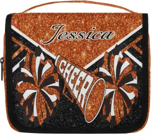 Custom Cheer Toiletry Bag Travel Cosmetic Bag with Hanging Hook Personalized Makeup Bags with Name for Cheerleader, Dark Orange Glitter