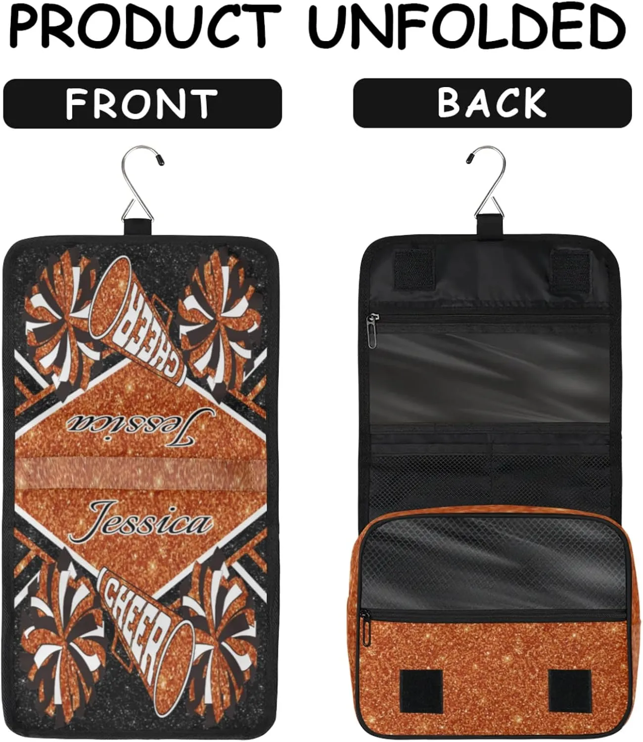 Custom Cheer Toiletry Bag Travel Cosmetic Bag with Hanging Hook Personalized Makeup Bags with Name for Cheerleader, Dark Orange Glitter