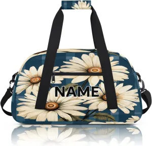 Custom Daisy Floral Small Gym Bag 18 inch for Women Men Personalized Buffalo Plaid Flower Carry On Overnight Weekender Bag for Travel Work Dance Sport