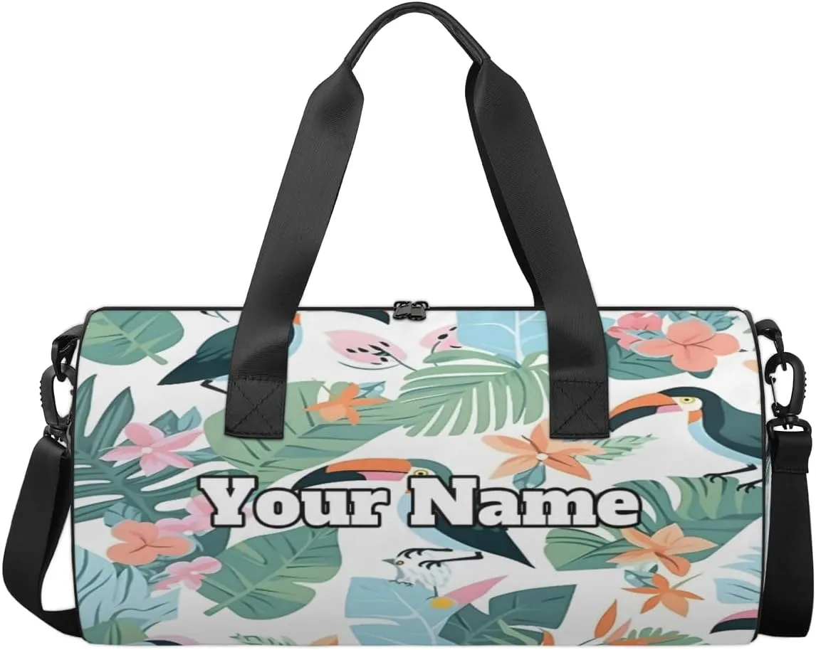 Custom Gym Bag for Women Men with Name, Personalized Floral Birds Duffel Bag for Sports, Waterproof Dance Bag, Lightweight Carryon Gym Bag, Tropical Palm Leaves