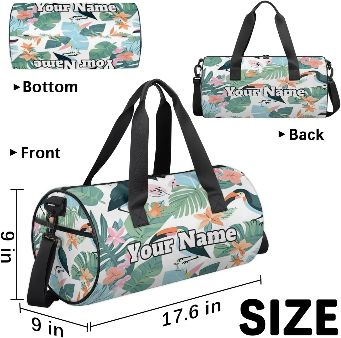 Custom Gym Bag for Women Men with Name, Personalized Floral Birds Duffel Bag for Sports, Waterproof Dance Bag, Lightweight Carryon Gym Bag, Tropical Palm Leaves