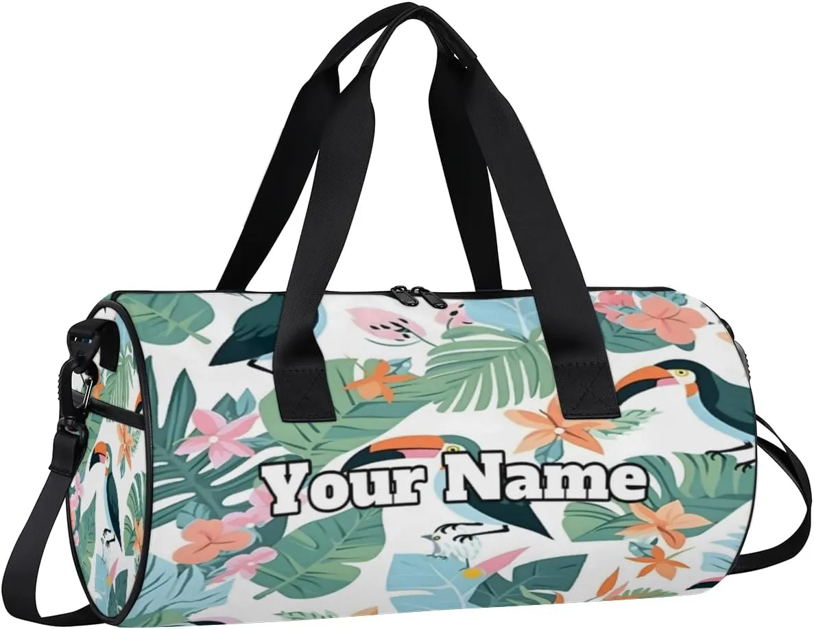 Custom Gym Bag for Women Men with Name, Personalized Floral Birds Duffel Bag for Sports, Waterproof Dance Bag, Lightweight Carryon Gym Bag, Tropical Palm Leaves