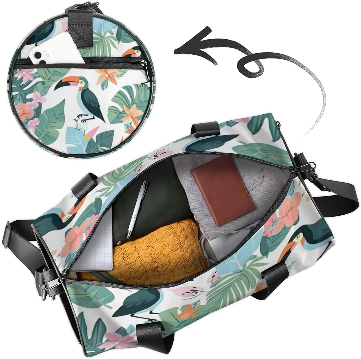 Custom Gym Bag for Women Men with Name, Personalized Floral Birds Duffel Bag for Sports, Waterproof Dance Bag, Lightweight Carryon Gym Bag, Tropical Palm Leaves