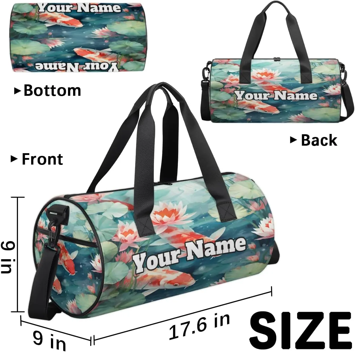 Custom Gym Bag for Women Men with Name, Personalized Koi Fish Duffel Bag for Sports, Waterproof Dance Bag, Lightweight Carryon Gym Bag, Chinese Fish