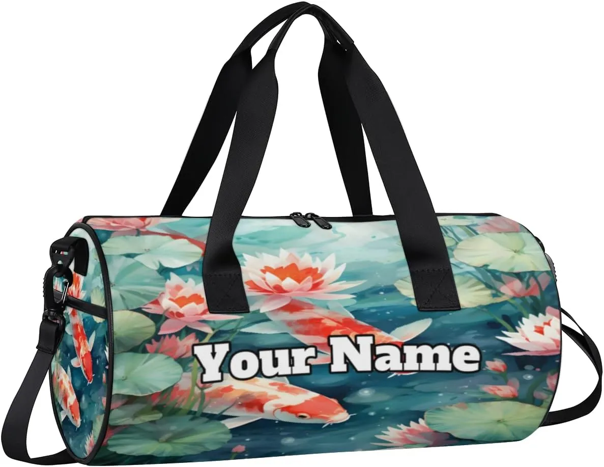 Custom Gym Bag for Women Men with Name, Personalized Koi Fish Duffel Bag for Sports, Waterproof Dance Bag, Lightweight Carryon Gym Bag, Chinese Fish