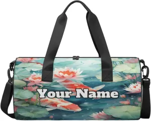 Custom Gym Bag for Women Men with Name, Personalized Koi Fish Duffel Bag for Sports, Waterproof Dance Bag, Lightweight Carryon Gym Bag, Chinese Fish