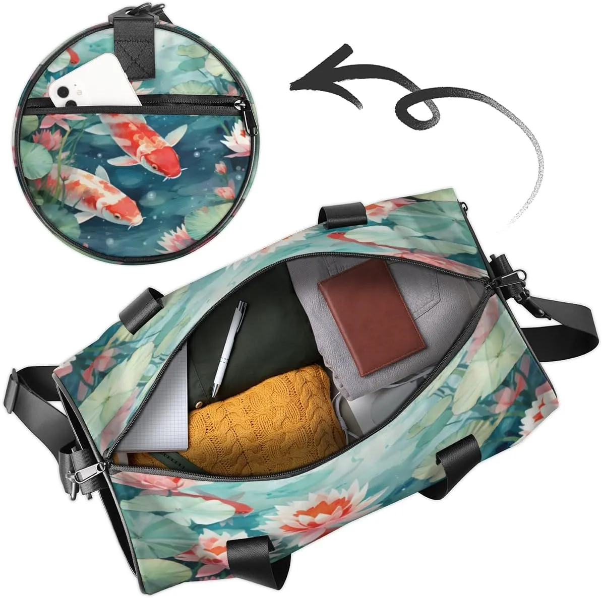 Custom Gym Bag for Women Men with Name, Personalized Koi Fish Duffel Bag for Sports, Waterproof Dance Bag, Lightweight Carryon Gym Bag, Chinese Fish