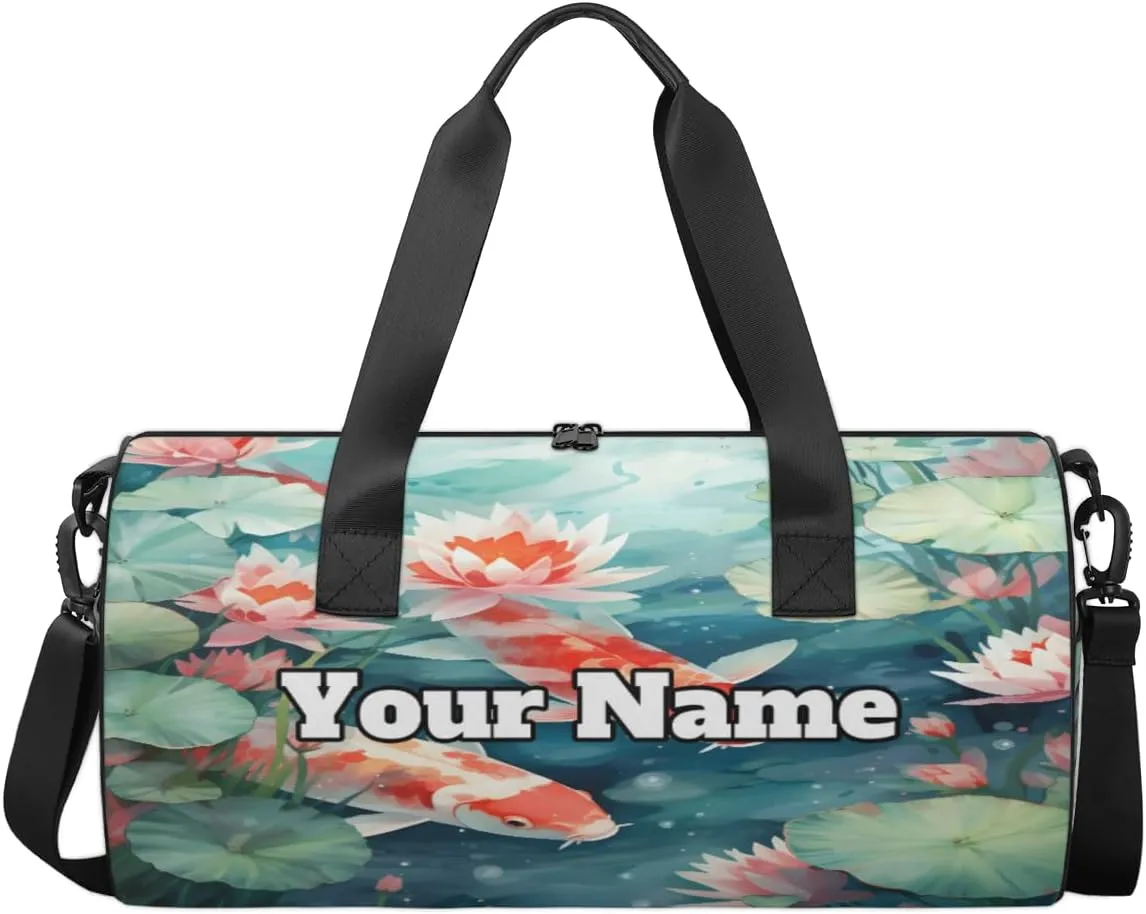 Custom Gym Bag for Women Men with Name, Personalized Koi Fish Duffel Bag for Sports, Waterproof Dance Bag, Lightweight Carryon Gym Bag, Chinese Fish