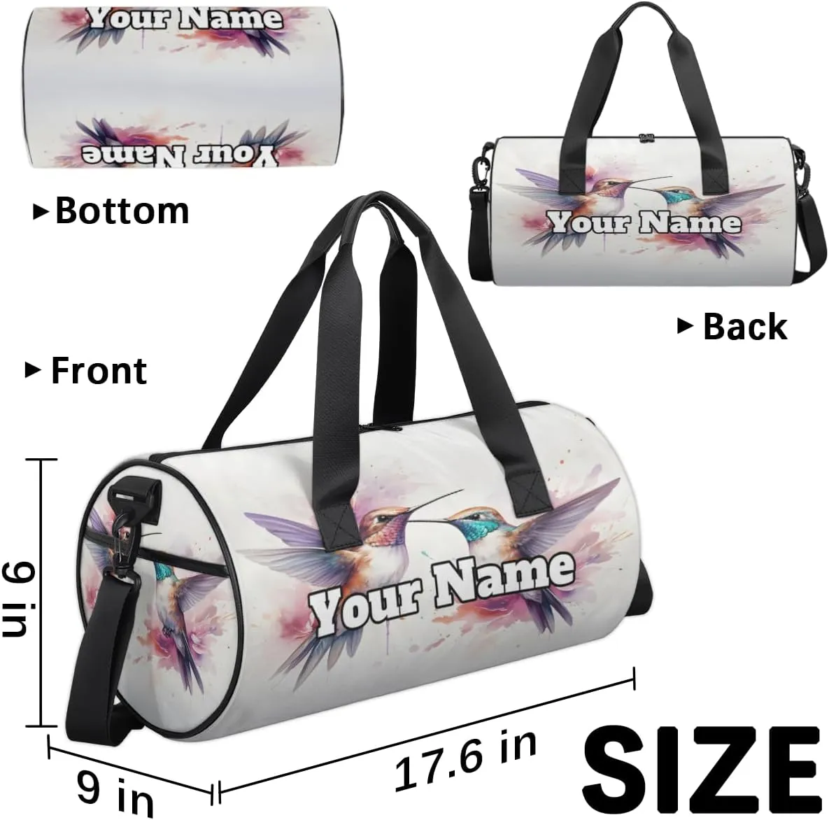 Custom Gym Bag for Women Men with Name, Personalized Watercolor Birds Duffel Bag for Sports, Waterproof Dance Bag, Lightweight Carryon Gym Bag, Hummingbird