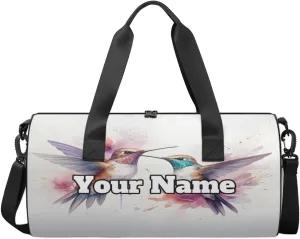 Custom Gym Bag for Women Men with Name, Personalized Watercolor Birds Duffel Bag for Sports, Waterproof Dance Bag, Lightweight Carryon Gym Bag, Hummingbird