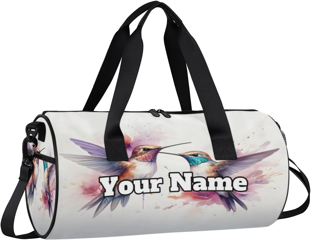 Custom Gym Bag for Women Men with Name, Personalized Watercolor Birds Duffel Bag for Sports, Waterproof Dance Bag, Lightweight Carryon Gym Bag, Hummingbird