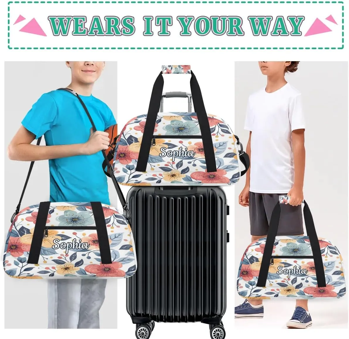 Custom Kids Sport Duffel Bags Gym Bag for Girls and Boys Weekender Tote Sports Bags for Traveling Blue Flowers