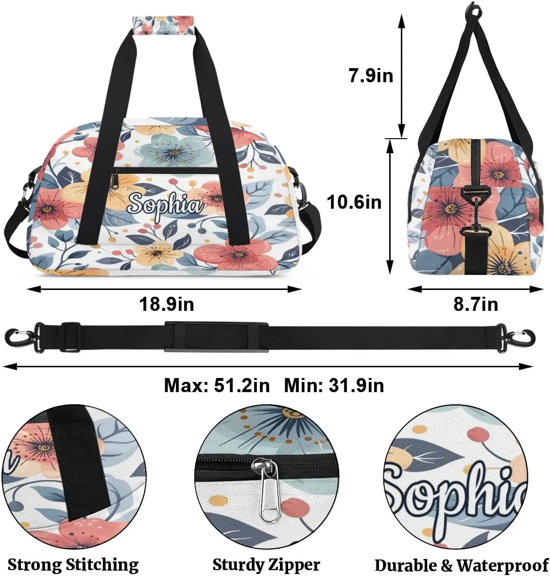 Custom Kids Sport Duffel Bags Gym Bag for Girls and Boys Weekender Tote Sports Bags for Traveling Blue Flowers