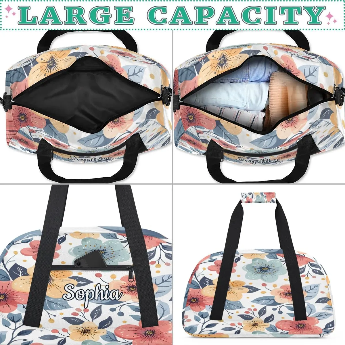 Custom Kids Sport Duffel Bags Gym Bag for Girls and Boys Weekender Tote Sports Bags for Traveling Blue Flowers