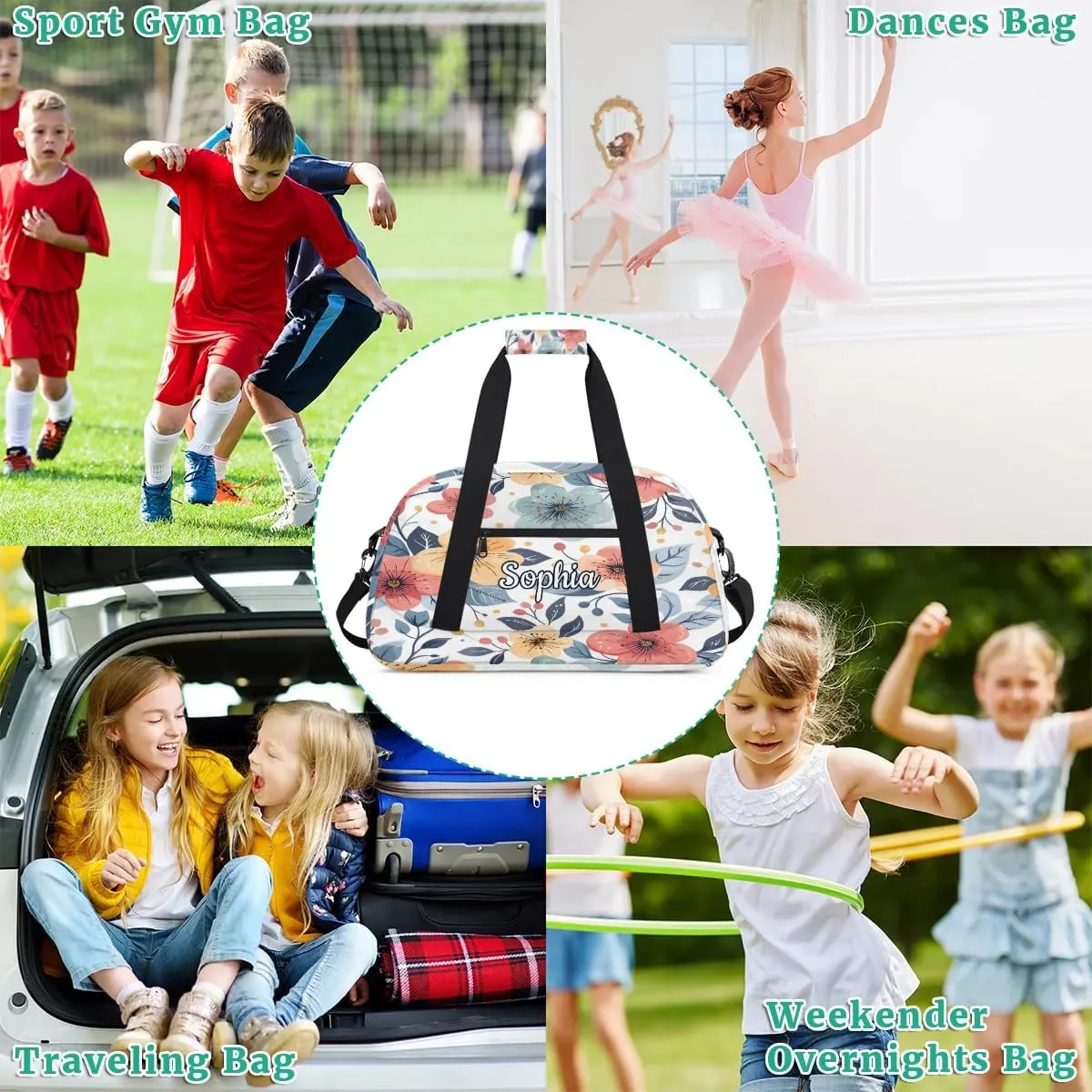 Custom Kids Sport Duffel Bags Gym Bag for Girls and Boys Weekender Tote Sports Bags for Traveling Blue Flowers