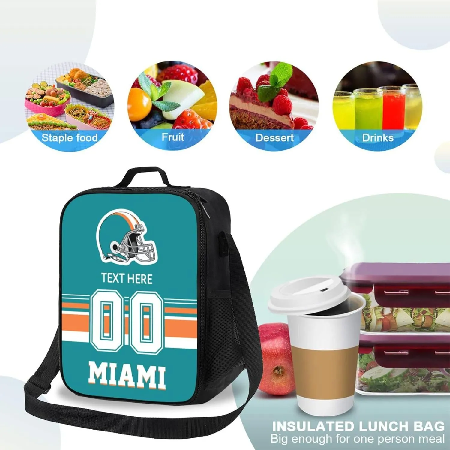 Custom Miami Lunch Bag Gifts For Men Women Fans, Personalized Name And Number Lunch Box Adjustable Shoulder Straps Insulated Lunch Bags For Work Picnic Travel