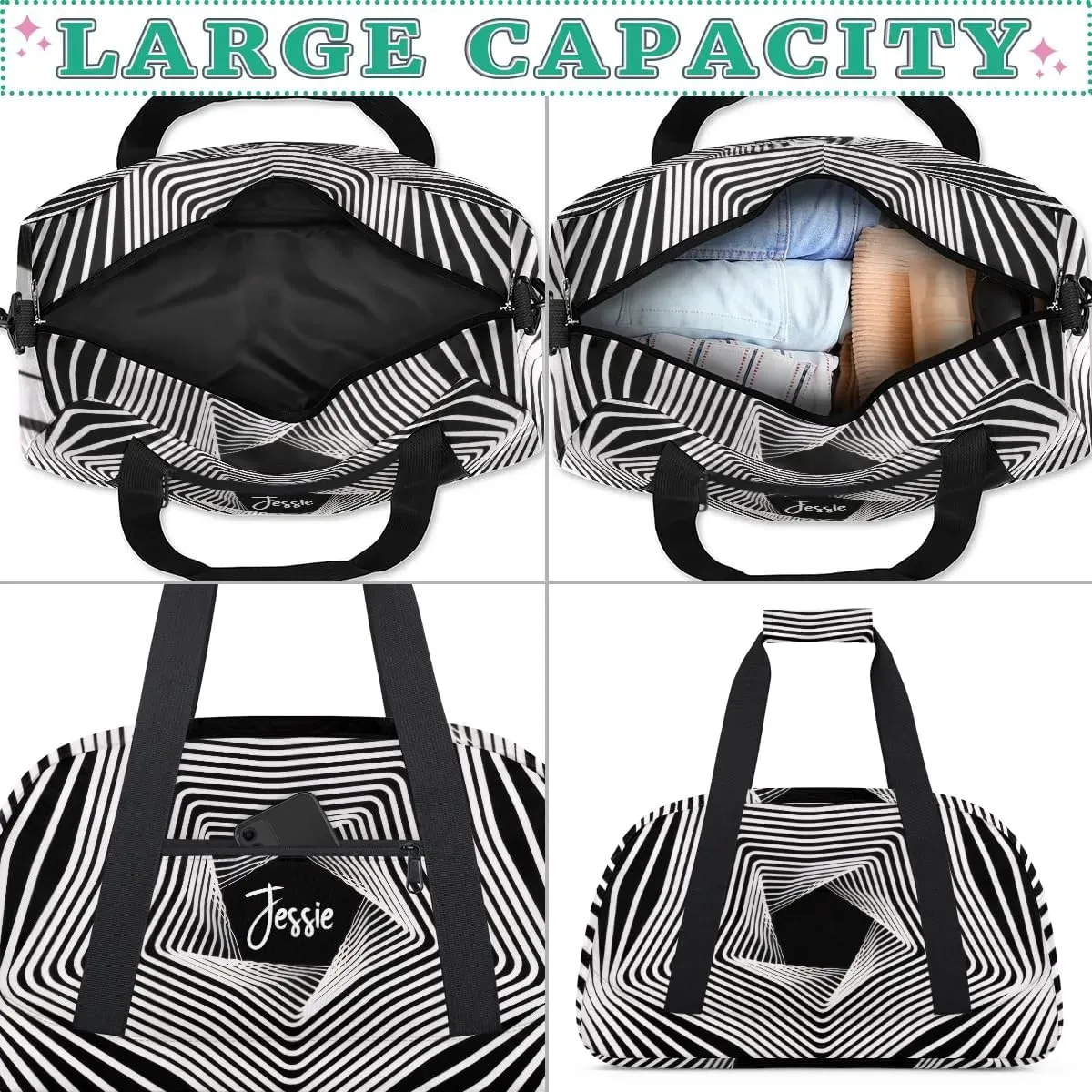 Custom Travel Bag Kids Gym Bag with Name Small Sport Tote Bag Dance Bag As Gifts for Boys and Girls White Stripes Illusion Print