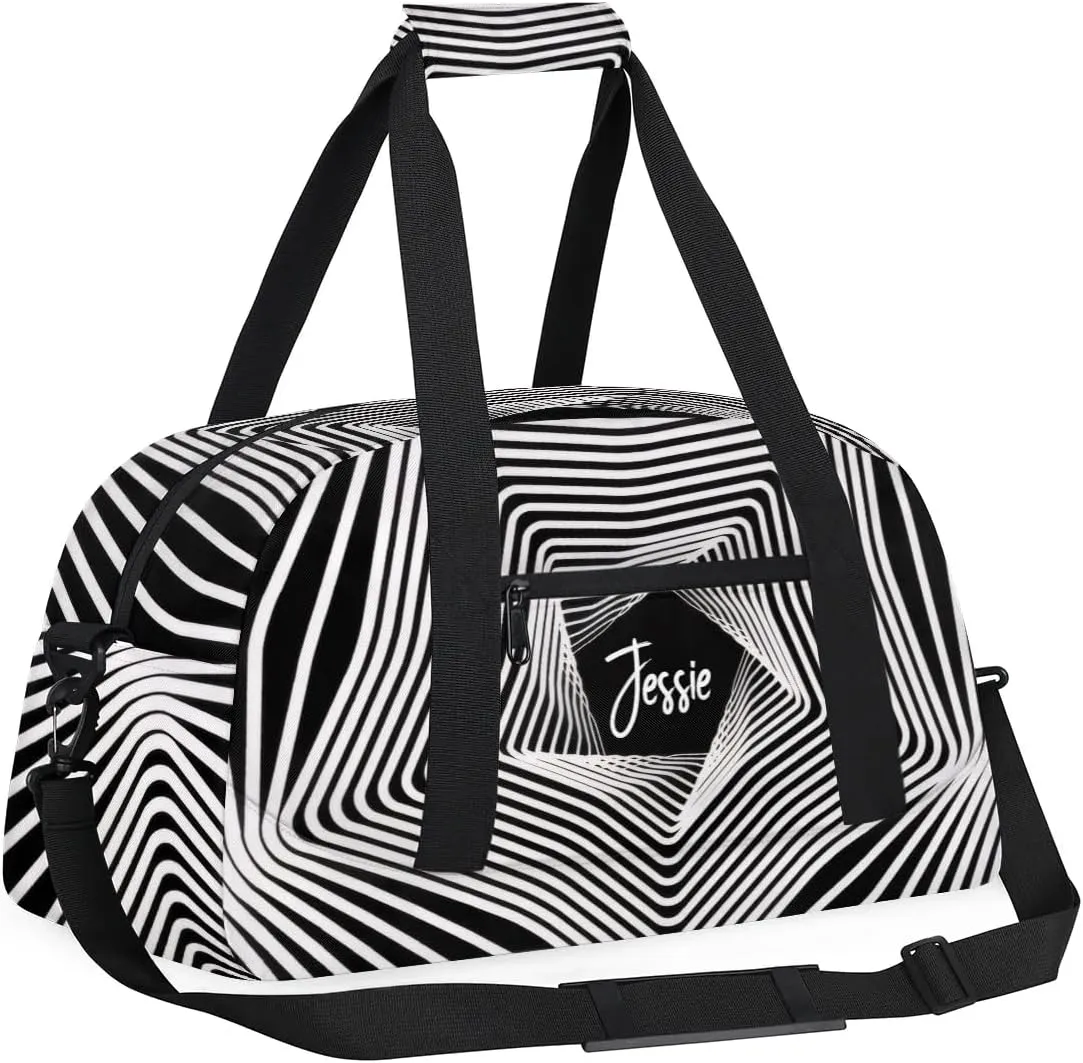 Custom Travel Bag Kids Gym Bag with Name Small Sport Tote Bag Dance Bag As Gifts for Boys and Girls White Stripes Illusion Print