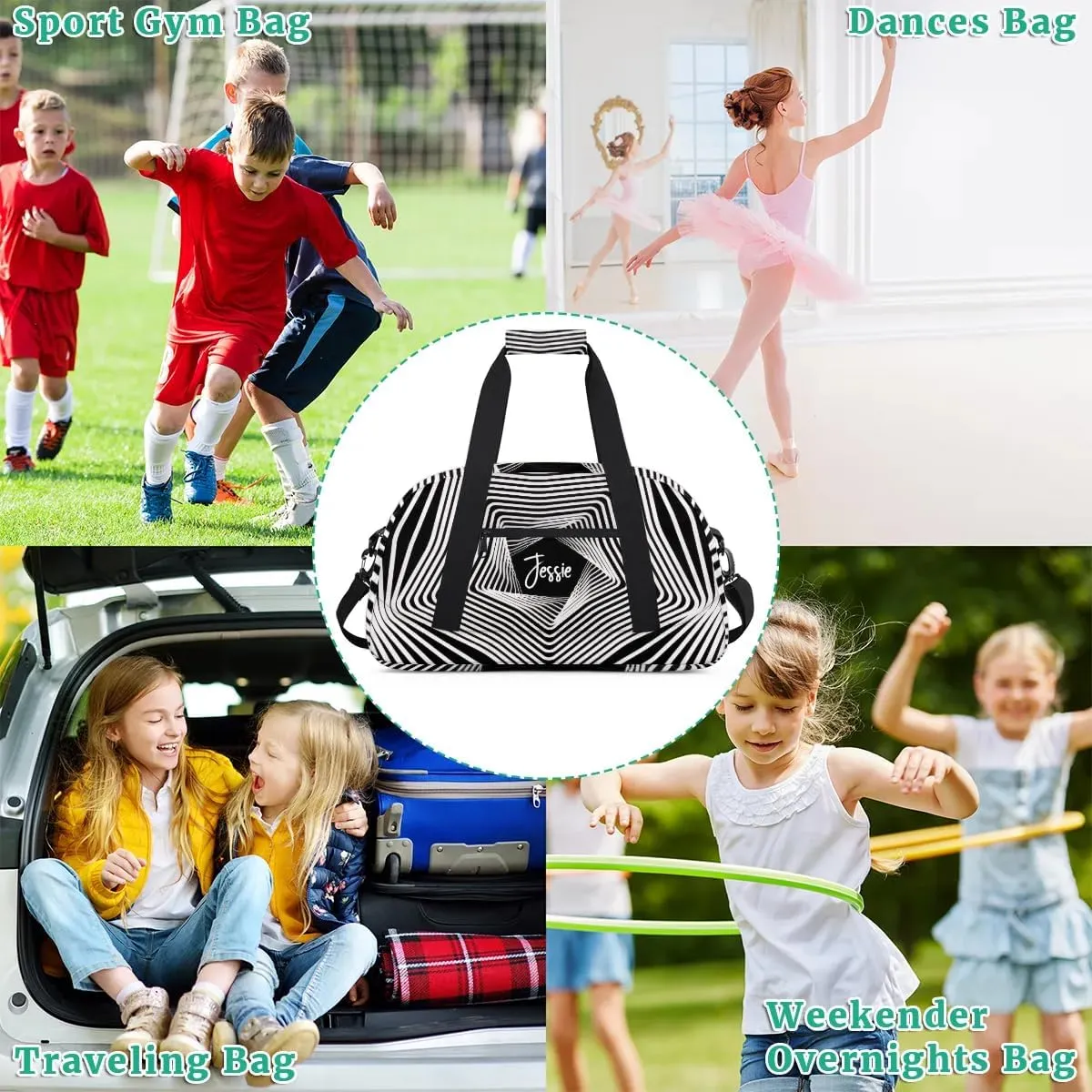 Custom Travel Bag Kids Gym Bag with Name Small Sport Tote Bag Dance Bag As Gifts for Boys and Girls White Stripes Illusion Print