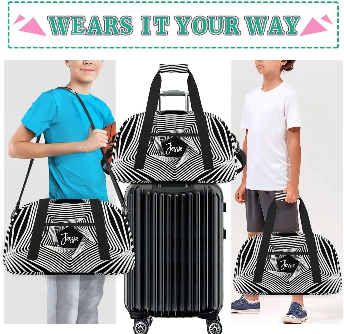 Custom Travel Bag Kids Gym Bag with Name Small Sport Tote Bag Dance Bag As Gifts for Boys and Girls White Stripes Illusion Print