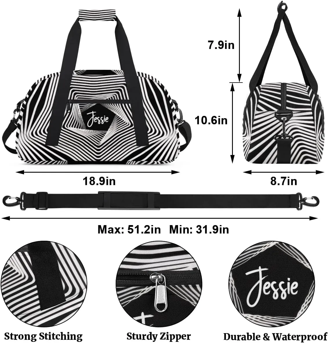 Custom Travel Bag Kids Gym Bag with Name Small Sport Tote Bag Dance Bag As Gifts for Boys and Girls White Stripes Illusion Print