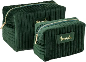 Custom Velvet Makeup Bag Personalized Travel Toiletry Bag for Mother, Wife, Women - Large Capacity Travel Cosmetic Bag - Large Cosmetic Pouch Wedding Gift Birthday Gift, Green