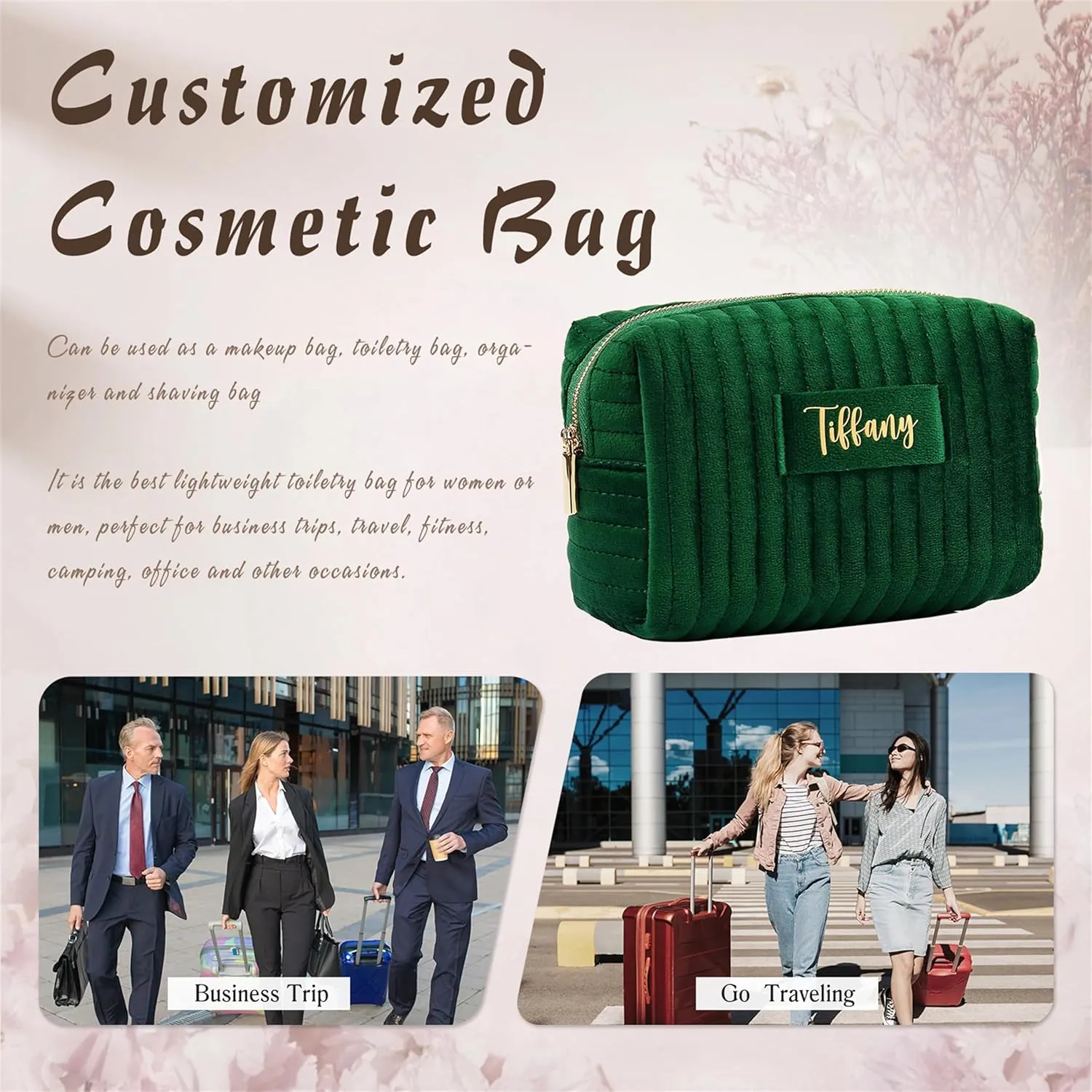 Custom Velvet Makeup Bag Personalized Travel Toiletry Bag for Mother, Wife, Women - Large Capacity Travel Cosmetic Bag - Large Cosmetic Pouch Wedding Gift Birthday Gift, Green