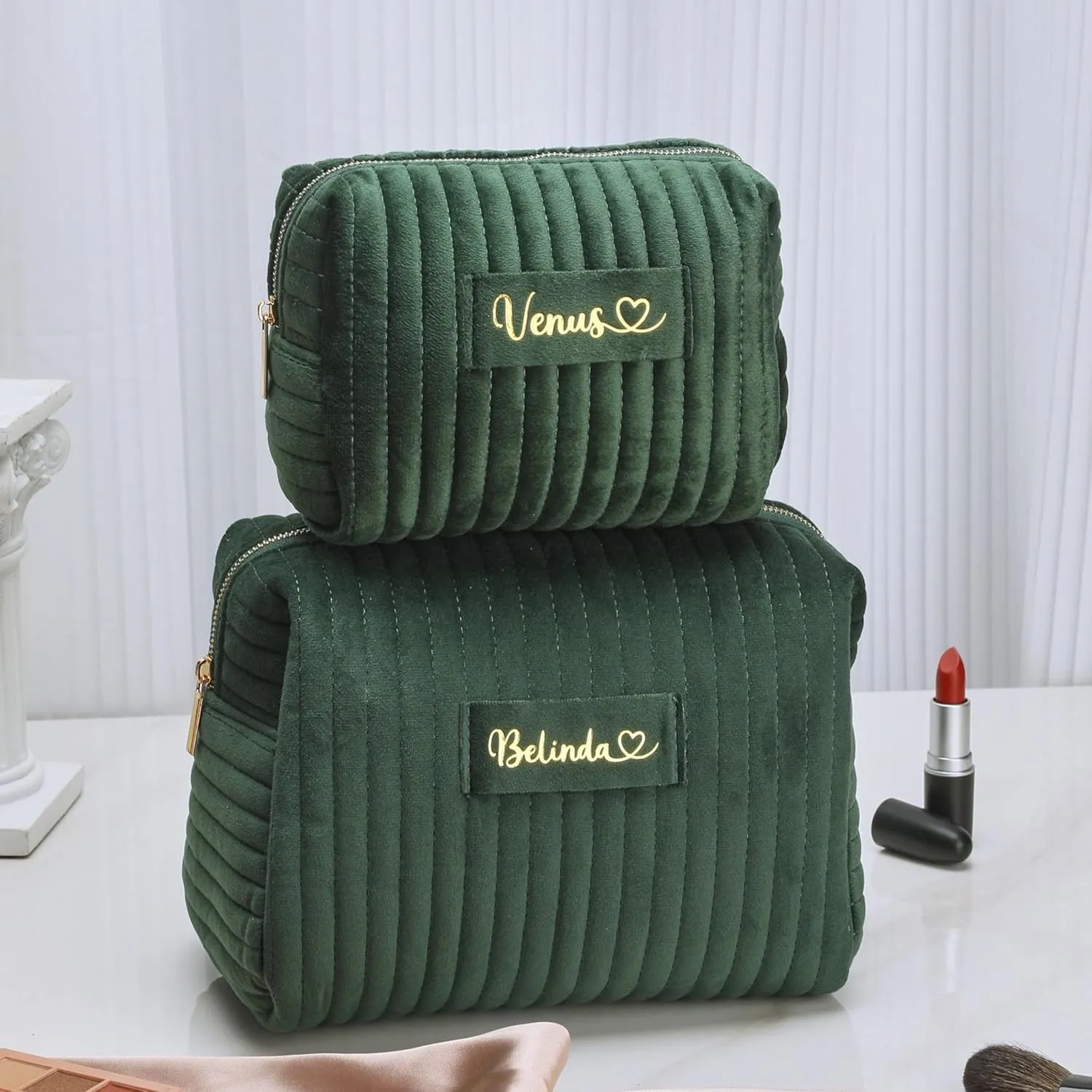 Custom Velvet Makeup Bag Personalized Travel Toiletry Bag for Mother, Wife, Women - Large Capacity Travel Cosmetic Bag - Large Cosmetic Pouch Wedding Gift Birthday Gift, Green