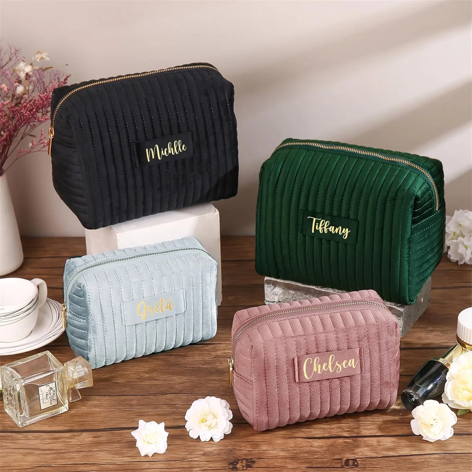 Custom Velvet Makeup Bag Personalized Travel Toiletry Bag for Mother, Wife, Women - Large Capacity Travel Cosmetic Bag - Large Cosmetic Pouch Wedding Gift Birthday Gift, Green