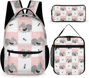 Cute Cartoon Anteater 3 Pcs Backpacks Set Combination 16“ Travel Backpack Portable Lunch Bag Pencil Case for Unisex