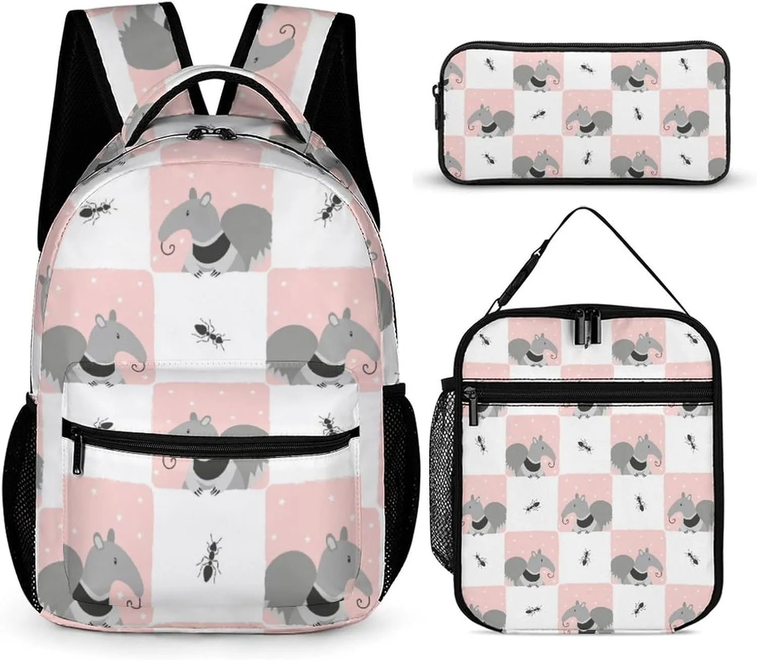 Cute Cartoon Anteater 3 Pcs Backpacks Set Combination 16“ Travel Backpack Portable Lunch Bag Pencil Case for Unisex