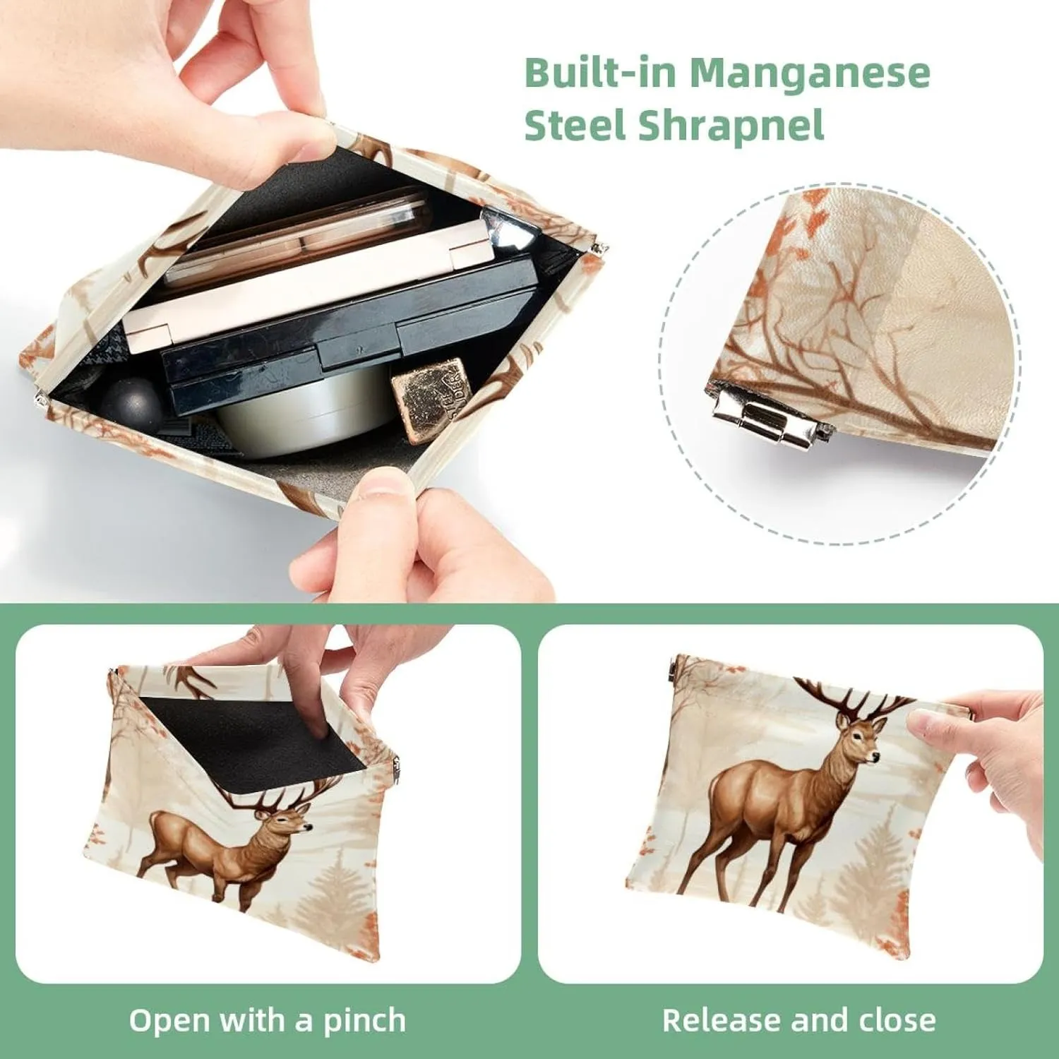Cute Christmas Elk-16 Pocket Cosmetic Bag, Waterproof Squeeze Makeup Bag No Zipper Self-Closing, Portable Mini Travel Storage for Headphones Jewelry
