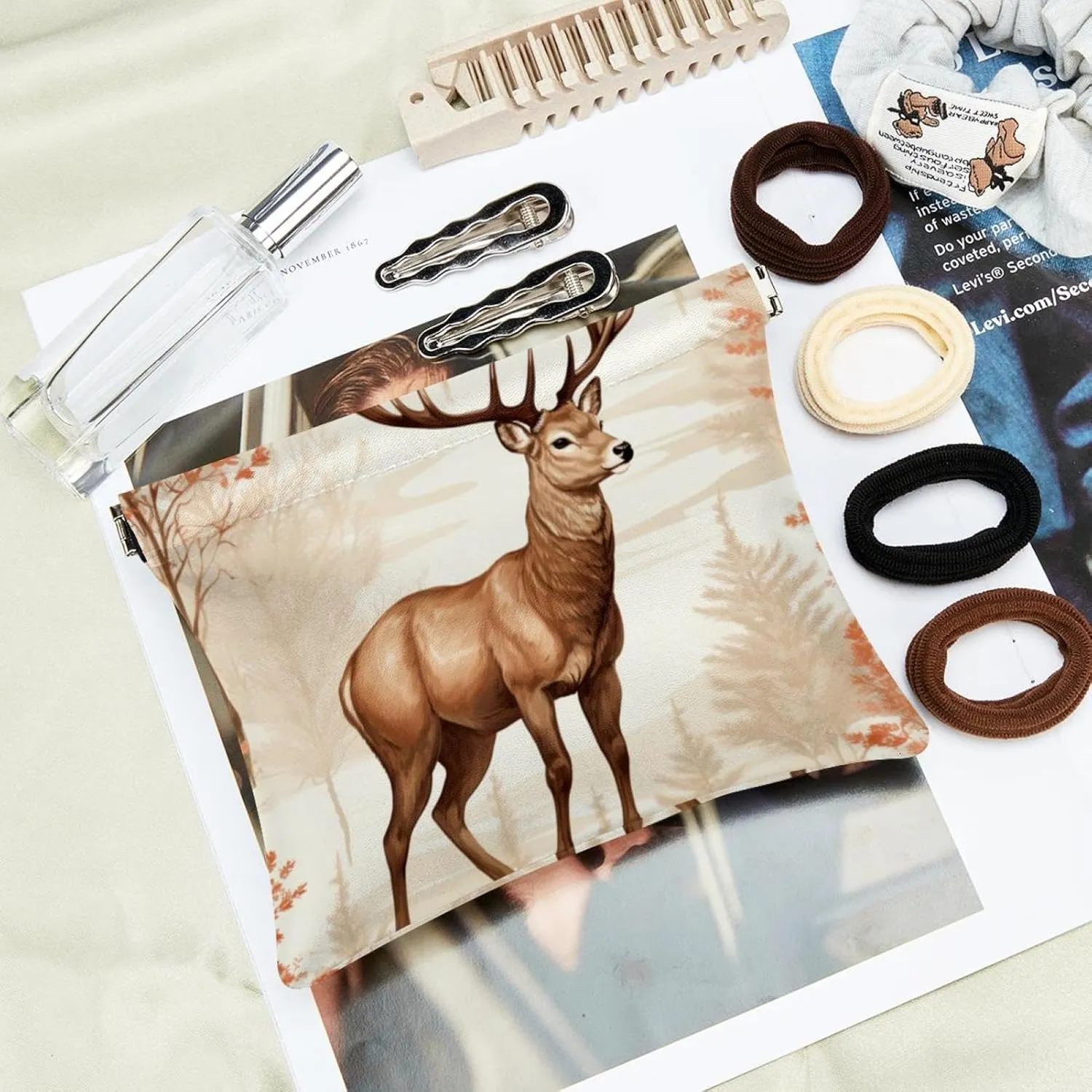 Cute Christmas Elk-16 Pocket Cosmetic Bag, Waterproof Squeeze Makeup Bag No Zipper Self-Closing, Portable Mini Travel Storage for Headphones Jewelry