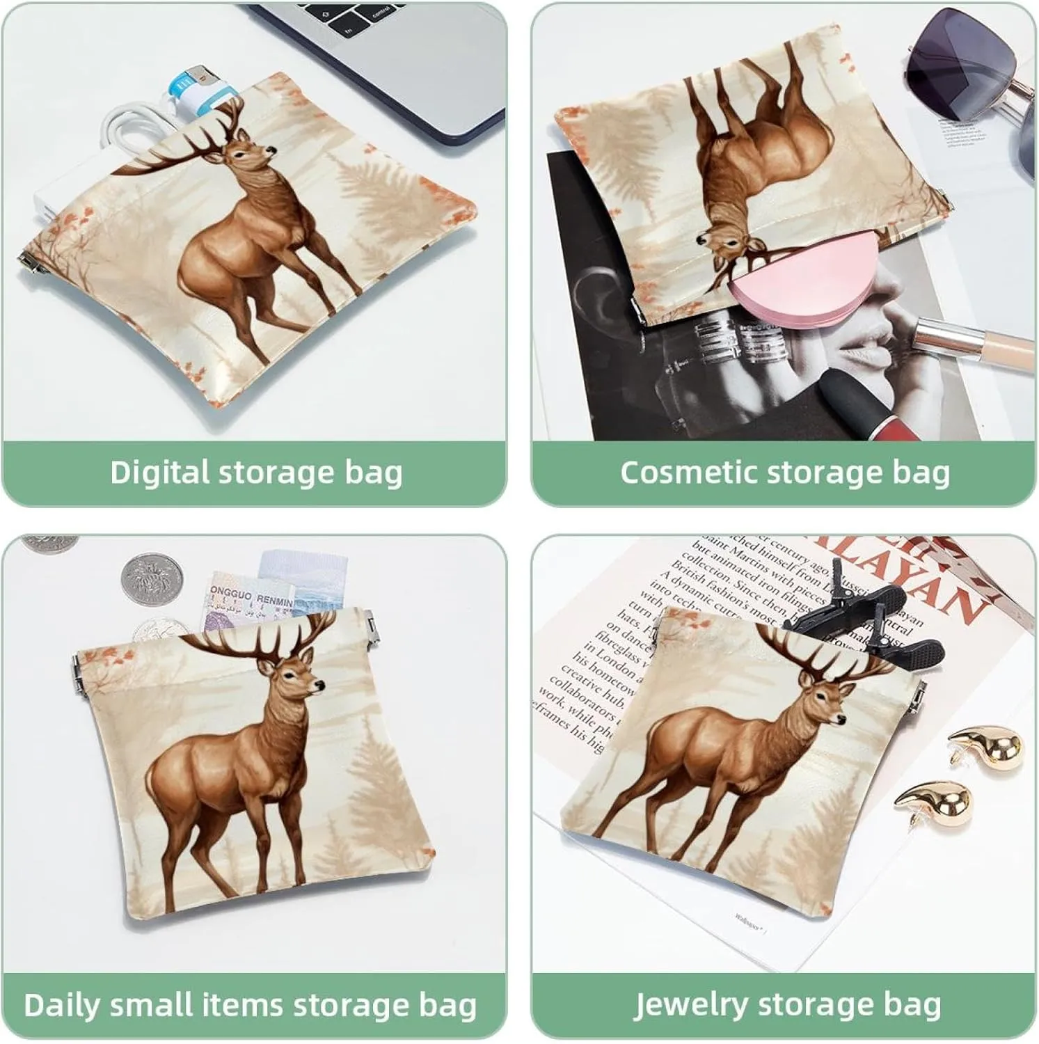 Cute Christmas Elk-16 Pocket Cosmetic Bag, Waterproof Squeeze Makeup Bag No Zipper Self-Closing, Portable Mini Travel Storage for Headphones Jewelry
