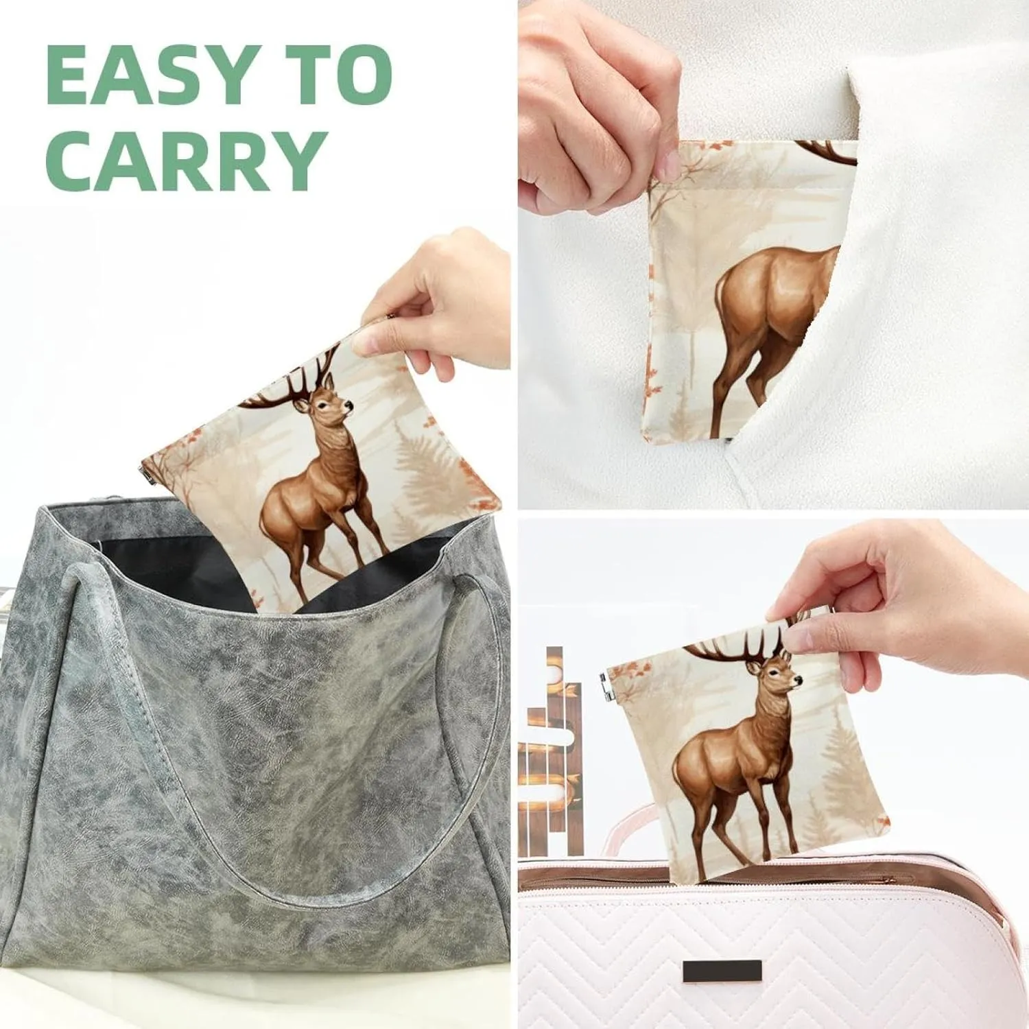 Cute Christmas Elk-16 Pocket Cosmetic Bag, Waterproof Squeeze Makeup Bag No Zipper Self-Closing, Portable Mini Travel Storage for Headphones Jewelry