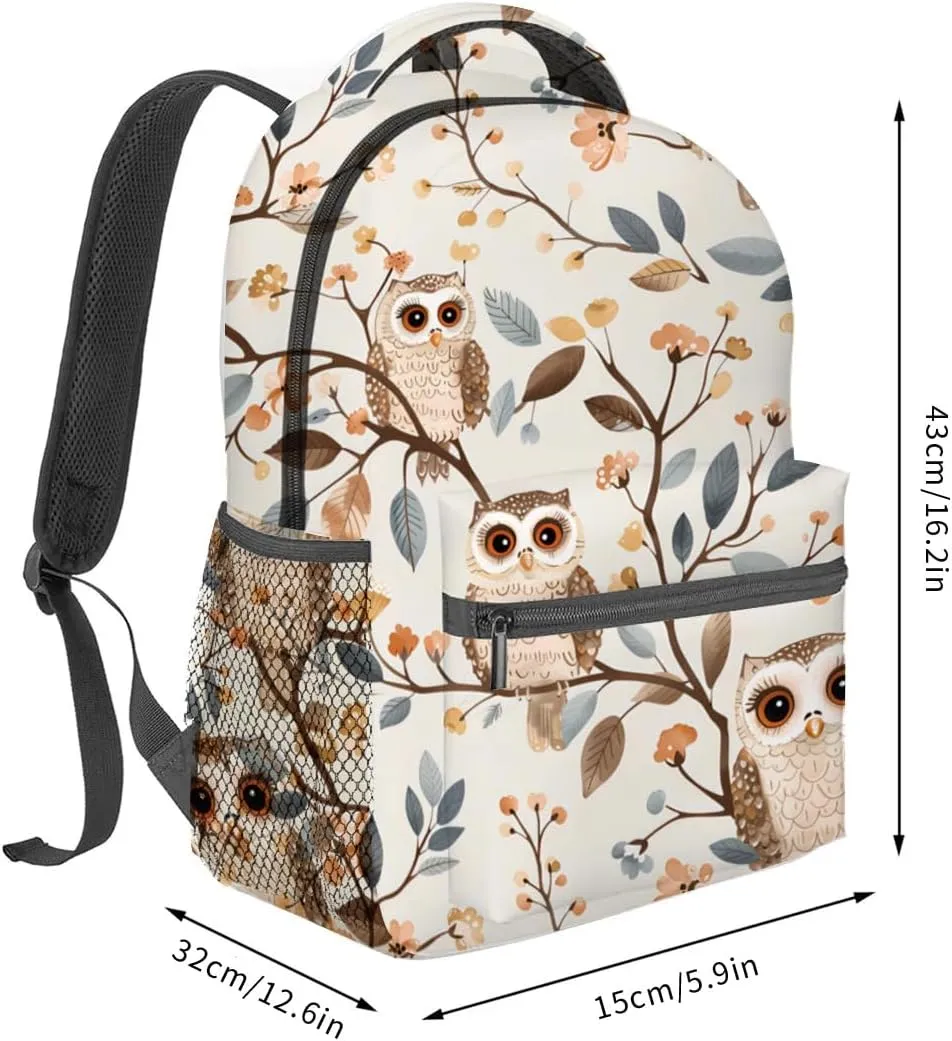 Cute Owl Backpack, Whimsical Woodland Bird Polyester Backpacks,Lightweight Double Shoulder Back Pack for Kids Teens,Floral Branch Bookbag,School Bag Gifts,Casual Travel Daypack Book Packs