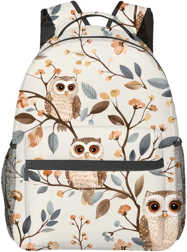 Cute Owl Backpack, Whimsical Woodland Bird Polyester Backpacks,Lightweight Double Shoulder Back Pack for Kids Teens,Floral Branch Bookbag,School Bag Gifts,Casual Travel Daypack Book Packs