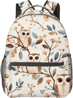 Cute Owl Backpack, Whimsical Woodland Bird Polyester Backpacks,Lightweight Double Shoulder Back Pack for Kids Teens,Floral Branch Bookbag,School Bag Gifts,Casual Travel Daypack Book Packs