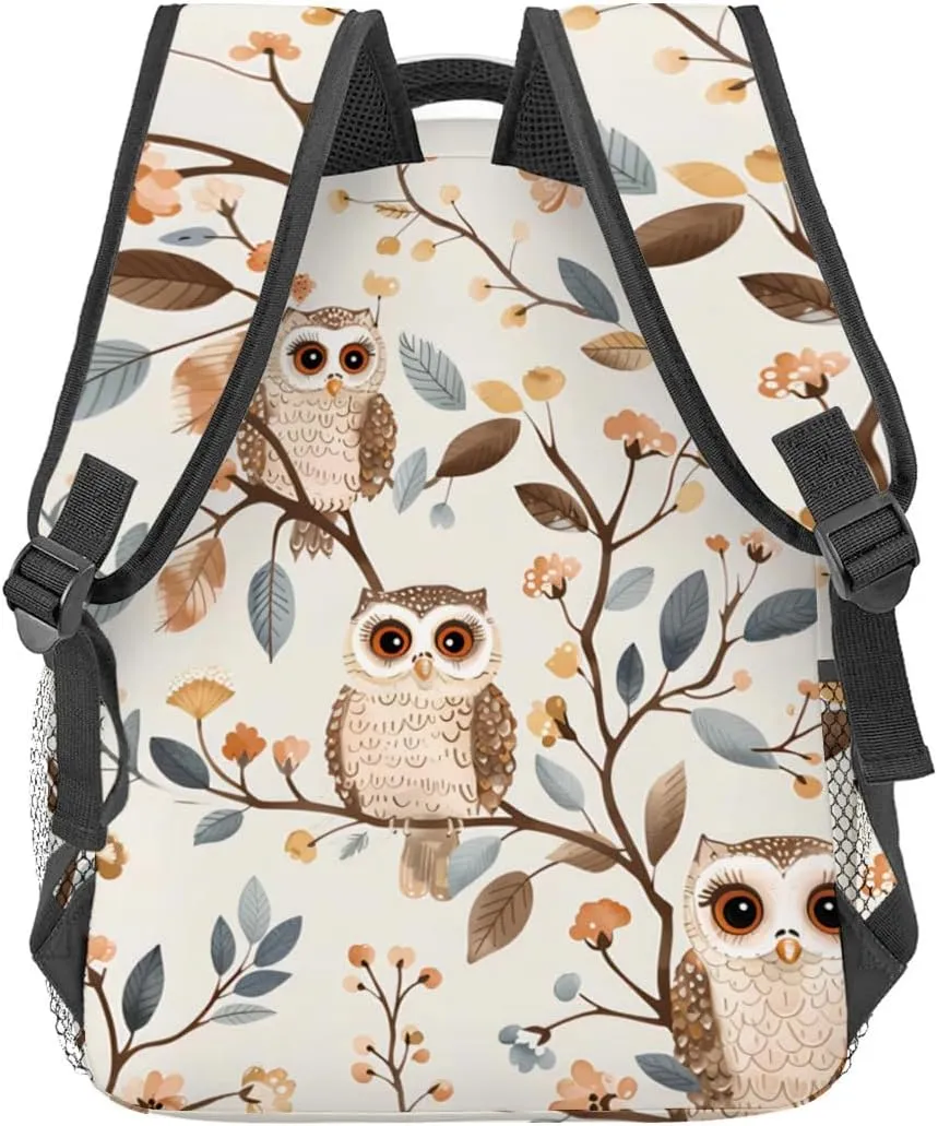 Cute Owl Backpack, Whimsical Woodland Bird Polyester Backpacks,Lightweight Double Shoulder Back Pack for Kids Teens,Floral Branch Bookbag,School Bag Gifts,Casual Travel Daypack Book Packs