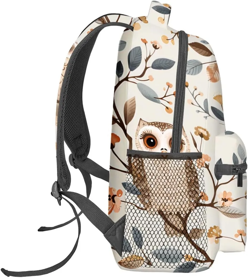 Cute Owl Backpack, Whimsical Woodland Bird Polyester Backpacks,Lightweight Double Shoulder Back Pack for Kids Teens,Floral Branch Bookbag,School Bag Gifts,Casual Travel Daypack Book Packs